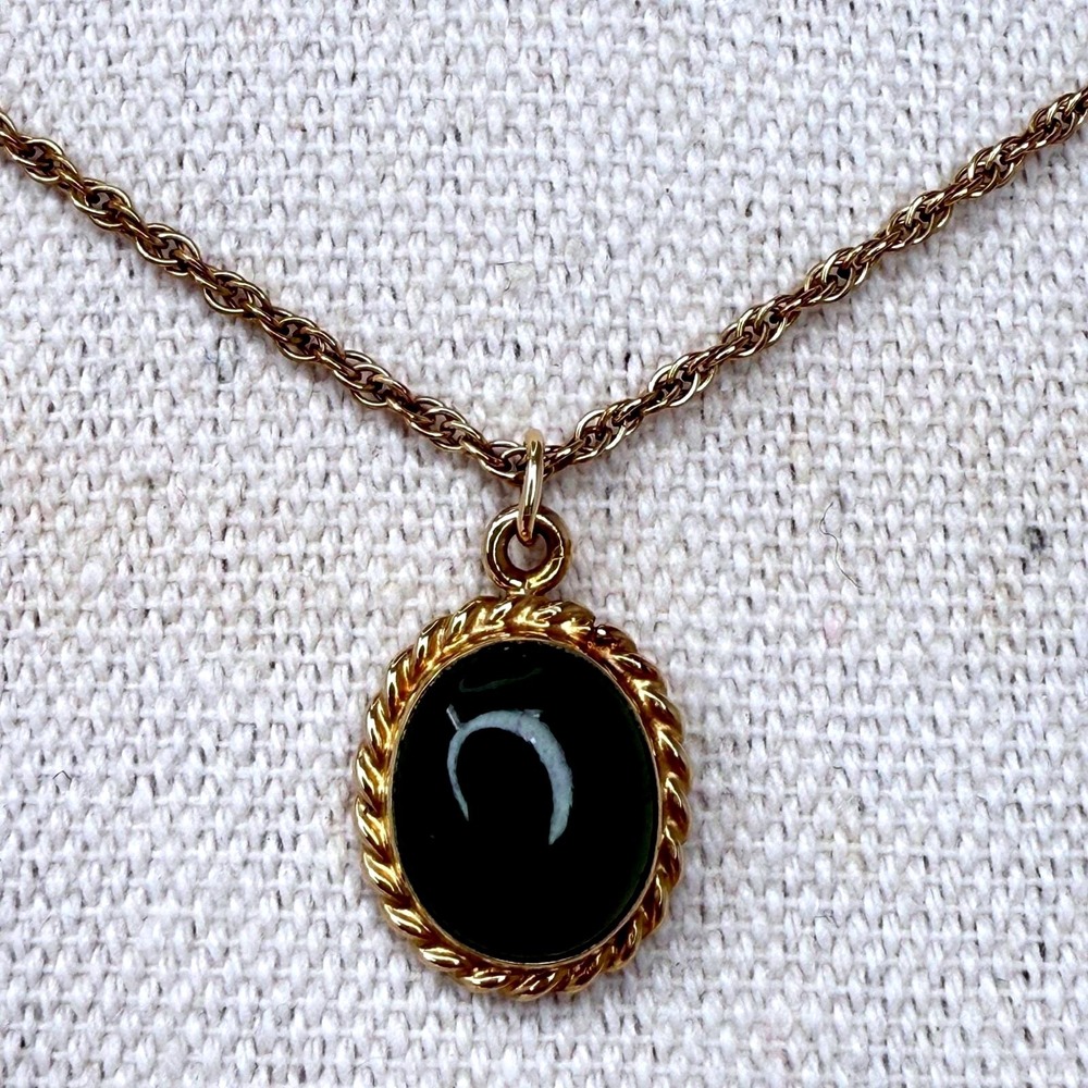 Danecraft 12K GF Gold Filled Necklace Rope Edge Green Stone Pendant Vintage